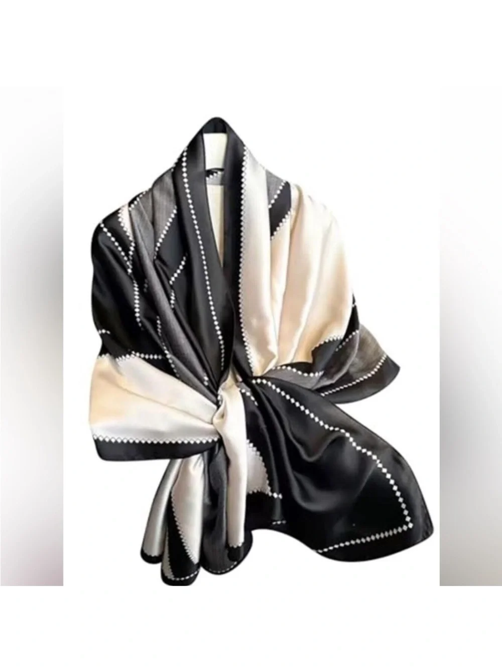 Elegant Silky Black & White Scarf Shawl Lightweight Floral Satin Scarf Trendy
